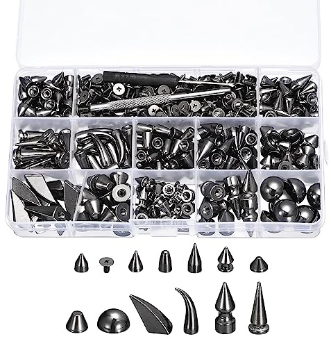 QUARKZMAN Mixto Forma Púas y Tachuelas, 270 Juegos Púas Remache Cuero Remaches Kit con Instalar Herramientas para Cuero Artesanía Ropa Zapatos Cinturones Bolsos, Negro