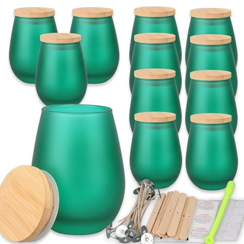 MILIVIXAY 12 Stück 325 ml Kerzengläser Mit Bambusdeckel und Herstellungs-Kits - Mattgrüne, Leere Ovale Design-Gläser für Große Kerzen, Gewürze