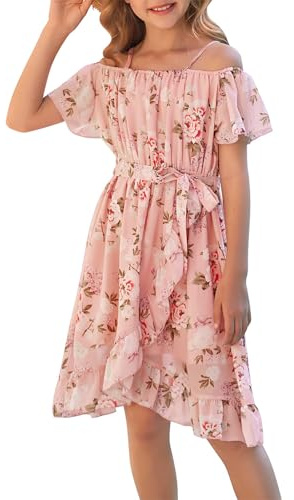 Vestidos para Niñas,Vestido de Chiffon con Flores Sin Mangas,Vestido de Verano con Correa Ajustable,Ocio con Manga Vorta con Volantes para Niñas de 6 a 14 Años