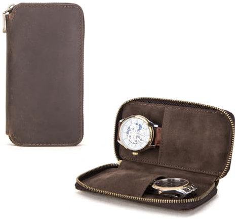 Echtes Leder Aufbewahrungstasche für 2 Uhren, Vintage Reißverschluss Uhrenetui für Damen Herren, Tragbare Uhren Schmuck Aufbewahrungsbox, 2-Slot Reise Organizer für 2 Stück Uhren, Geschenk Coffee
