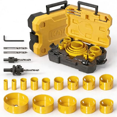 KATA Bi-Metal Hole Saw Kit, 19 Pieces M42 Steel Hole Saw Set with 3/4 -4-3/4 (19-121mm), General Purpose Hole Saw Blades in Case with Mandrels, Drill Bit, Hex Key for Thin Metal, Hard Wood, Drywall