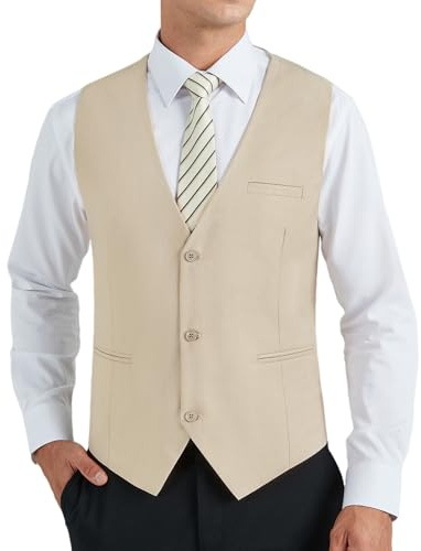 HISDERN Gilet Homme Costume Champagne Formelle Classique Élégante Sans Manche Couleur Unie Coton Gilet Mariage pour Hommes avec Poches 4XL