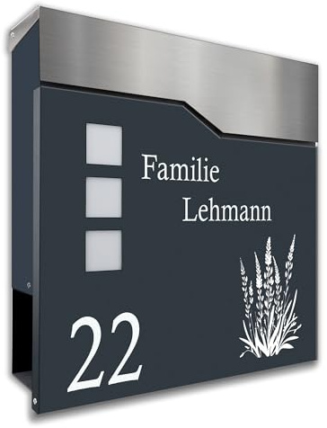Zalafino Briefkasten anthrazit RAL 7016 mit Beschriftung - individualisierbarer Design-Briefkasten aus pulverbeschichtetem Stahl mit Zeitungsrolle und 3 Sichtfeldern