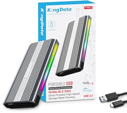 KingData Carcasa SSD M.2 NVMe, adaptador USB 3.1 de 10 Gbps sin herramientas para 2230/2242/2260/2280 M.2 con cable USB C a A y luz RGB