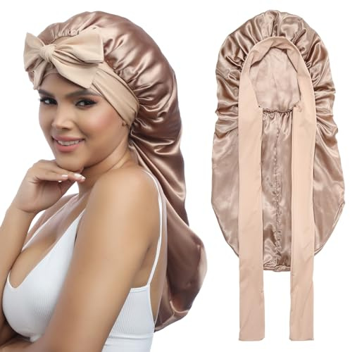 Coubeau Lange Satin Seidenhaube zum Schlafen für Damen - Haarhaube für die Nacht für Frauen Lange Locken Haar Bonnet Sleep Cap Seidenhaube Haare