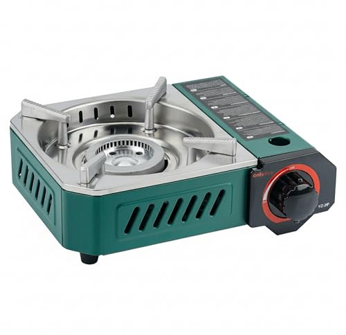 ONLYFIRE OUTDOOR LIVING Modern Camping Stove with Carrying Case, 10x7.5 Mini Portable Butane Gas Stove 6900BTU for Patio Cooking Hotpot Camp Hiking RV Trip Tailgating Emergency Use, Green GS348