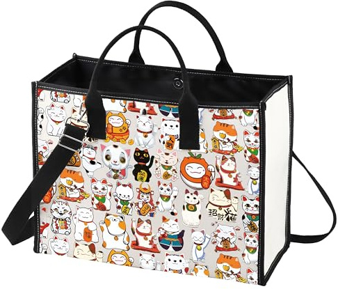 LEVLO Maneki Neko Tote Bag Cartoon Aminal Lover Gift Kawaii Cat Shoulder Bag Luck Cats Merchandise (Luck Cat LT)