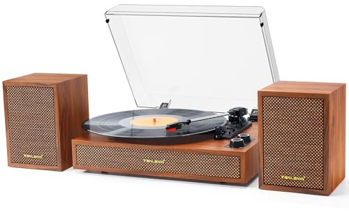 Vinyl Record Player with External Bookshelf Speakers, 33-1/3 45 78 RPM Vintage Bluetooth Stereo Turntable for Vinyl Records,Belt-Driven System,Dust Cover,Auto-Stop, Support AUX-in, RCA Out, Brown Wood