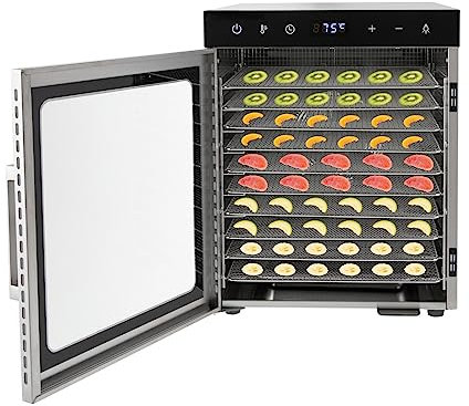 Déshydrateur automatique en acier inoxydable avec 10 étages et double commande tactile - Écran LED 24 heures - Minuterie 800 W - Régulateur de température de 30 à 90 °C - Pour fruits et légumes