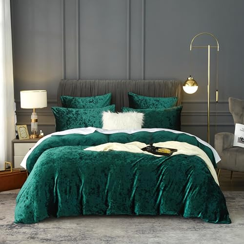 DXHOME - Set di biancheria da letto invernale 155 x 220 cm, velluto verde scuro, soffice pile caldo in pile, copripiumino reversibile per letto matrimoniale con cerniera e 2 federe 80 x 80 cm