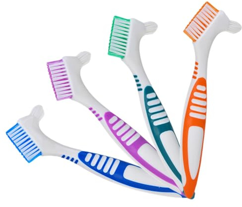 FRCOLOR Brosse À Dents Double Face Pour Prothèses Dentaires 4 Pièces Poils Multicouches Brosse De Nettoyage Quotidienne Poignée Ergonomique Antidérapante Pour Entretien Des Dentiers