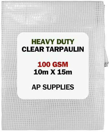 AP Supplies 100gsm Clear Tarpaulin 10m x 15m – M-Grade Reinforced Mesh with Eyelets – Transparent Waterproof Cover for Greenhouses, Outdoor Workspaces & Garden Protection