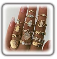 GIGB PBDK Chunky Gold Zircon Knuckle Joint Stacked Ring Set, Boho Midi Vintage Cross Charm Ring, Opal Stone Pattern Portrait Jewelry Gifts (Gold)