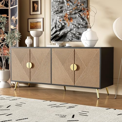 BTM Buffet Salon 160cm, Buffet Cusine avec 4 Portes, Armoire de Rangement, Poignées en Laiton Brossé, 160x40x75cm, Bois et Noir