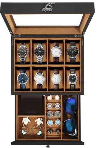 Uten Boîte à Montres 8 Compartiments, 2 Niveaux Coffret à Montres en Bois, Couvercle en Verre, Coffret de Rangement pour Montres, Coussinets Coton de Soie, Doublure Marron, Idée Cadeau