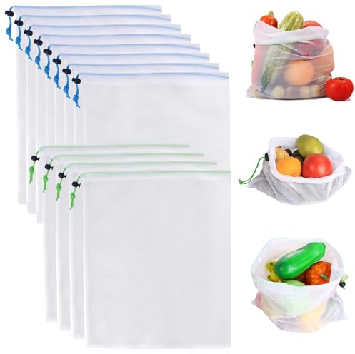 8 Stück Obst Gemüse Netztasche, 42 x 30 cm Obstbeutel Wiederverwendbar Netz, Einkaufstasche mit Kordelzug, Waschbar Obsttaschen, Gemüse Durchsichtige Netzbeutel, Einkaufsnetz Beutel für Obst Gemüses
