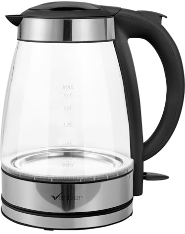 Vencier 1.7L Glass Electric Kettle – 2200W Fast Boil, Borosilicate Glass, BPA-Free, Auto Shut-Off & Boil-Dry Protection, Cordless with 360° Swivel Base, Push Button Lid, Black/White (Black)