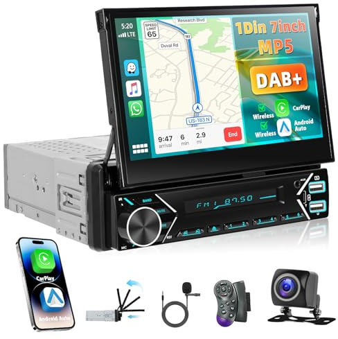 DAB+ 1 Din Carplay Autoradio con Schermo Elettrico Telescopico/Type-C, Motorsi 7 Pollici Bluetooth Car Stereo Support Android Auto, Bluetooth, MirrorLink, FM, USB, Carica, Colorata + Telecamera