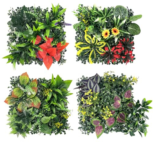Lxoraziy 4Pcs Artificial Green Wall Panels 25x25cm, Mixed Fake Plant Wall Mat for Indoor Outdoor Wall Decor Garden Fence Privacy Screen -A