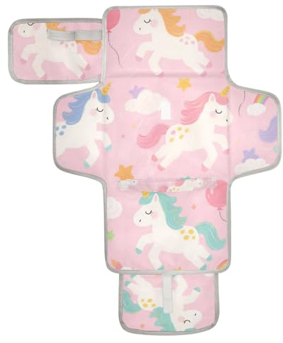 Wickelunterlage mit niedlichem Cartoon-Motiv, weiß, Regenbogen-Einhörner, wiederverwendbar, waschbar, mit Taschentuchtasche, tragbare Wickelunterlage für Mütter, Väter, Cambiadores de pa?ales para