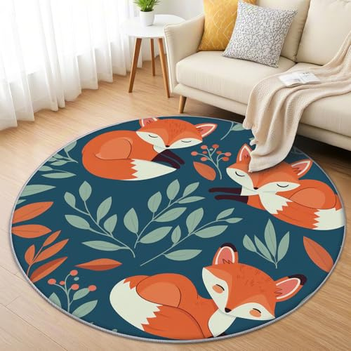 AevuCub Fuchs Teppich Rund 100cm Kurzflor - Waschbare Teppiche Wohnzimmer Kinder Waldtiere - Runder Teppich 100cm Durchmesser Kinderzimmer - Bettvorleger Schlafzimmer rutschfest Weich