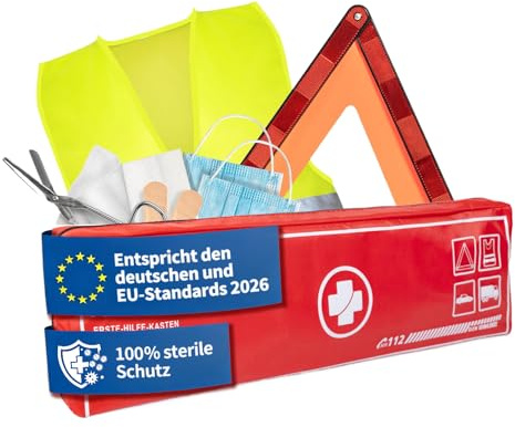 SUNGENIX Set di pronto soccorso per auto DIN 13164 (2025) 3 in 1 con triangolo di avvertimento ECE, gilet di sicurezza e scatola di medicazione | STVZO §35h conforme per auto, camion e moto
