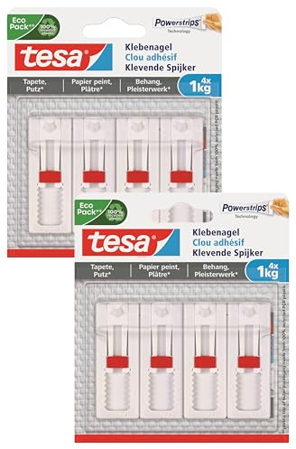 tesa Klebenagel für Tapeten und Putz 2kg - Selbstklebende Nägel für empfindliche Oberflächen - rückstandslos - bis zu 2kg Halteleistung pro Nagel (8x 1,0kg)