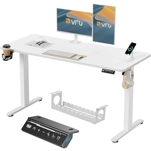 VFU Bureau Assis Debout Électrique 140 x 60 cm, Bureau Électrique Réglable en Hauteur avec Port de Chargement USB-C, Fonction Mémoire et Système Anti-Collision, Blanc Pro
