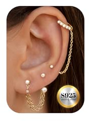 4Paare Kleine Ohrringe Sterling Silber für Damen Set | Hypoallergen 14K Gold Ohrstecker Creolen Perle CZ Piercing Ohr Ohrring Mit Kette Ohrstecker Ohrringe 925 Gold Helix Perle