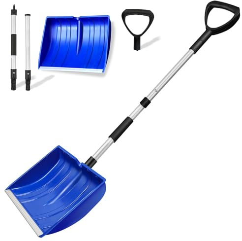 Qcdou Schneeschaufel, Aluminium-Stiel und D-Griff, Ergonomischer Griff, Tragbares Schneeräumungswerkzeug, Winter Schneeschieber,Schneemannspielen, Aluminiumkante Schneeschippe für Garten, Camping