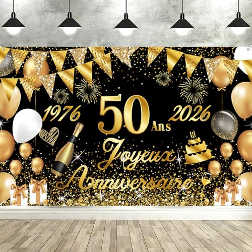 Seutgjie Banner Happy 50 Years 1976-2026, Dekoration 50 Jahre, Damen, Herren, Hintergrund Geburtstag, Banner Happy Birthday für Party, Schwarz, 180 x 110 cm