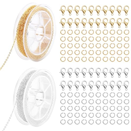 Lote de 2 rollos de cadenas de acero inoxidable de 5 m + 40 cierres + 100 anillos de apertura de 1,5 mm, kit completo DIY para joyería, pulseras y collares (dorado y plateado)