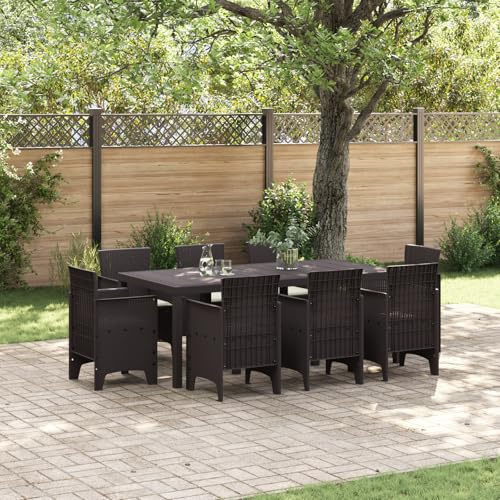 IBUQDDV 9-teiliges Garten Essset mit Kissen Braun Poly Rattan, 8 Personen Outdoor Esstischgruppe mit rechteckigem Tisch und Stühlen, wetterfestes UV-beständiges Material für Terrasse
