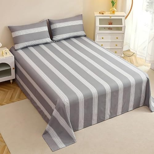 3er Set Bettlaken - Bettlaken mit 2 Kissenbezügen - Betttuch - Farbige Streifenblatt - Gemusterte Blatt- Haustuch Laken 100% Polyester ohne Gummizug Gemusterte Blatt (Grau-Weiß Streifen(C), 206×244CM)