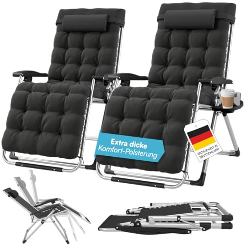 STEELSØN Lysira Zero Gravity Gartenliege 2er-Set, Schwarz, Gestell Silber | Klappbare Sonnenliege, Liegestuhl, Outdoor Relaxliege wetterfest, Campingliege mit Polsterauflage, Getränkehalter, bis 200 kg