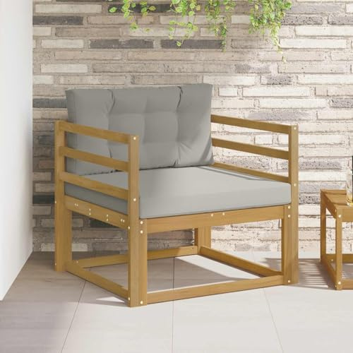 Outdoor Mittelsofa aus massivem Akazienholz mit weißem Rahmen und Polyester-Kissen, wetterfestes Lounge-Sofa für Balkon Terrasse, flexibles Sitzmöbel mit Latten-Rücken und bequemen Polstern