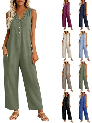 Linen Jumpsuit for Women UK Summer Sleeveless V Neck Button Up Dungarees Casual Loose Wide Leg Tank Romper with Pockets Baggy Lightweight One Piece Bib Overalls Beach Holiday Playsuit Workwear