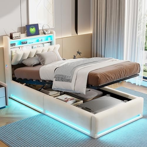 KOOPMAD Enkelsäng 90 x 200 cm med förvaringsutrymme, vadderad LED- och USB-säng, ungdomssäng 90 x 200 cm, gästsäng, dagsäng, dagsäng, boxspring, barnsäng, ram