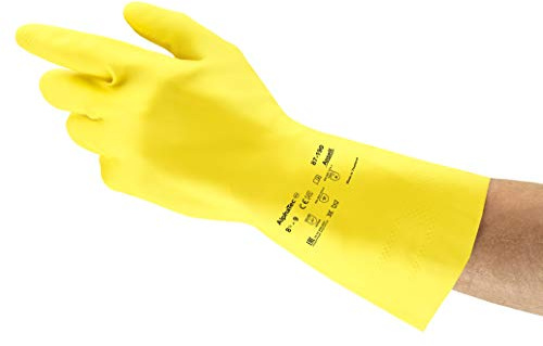 Ansell AlphaTec 87-190 Chemikalienschutz-Handschuhe, Mehrzweck-Arbeitshandschuhe, Extradünn für Exzellente Tastsensibilität, Baumwoll Velours Innenausstattung, Gelb, Größe M (12 Paar)