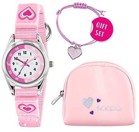 Tikkers Girls Pink Canvas Rip Strap Heart Watch, Purse and Bracelet Set