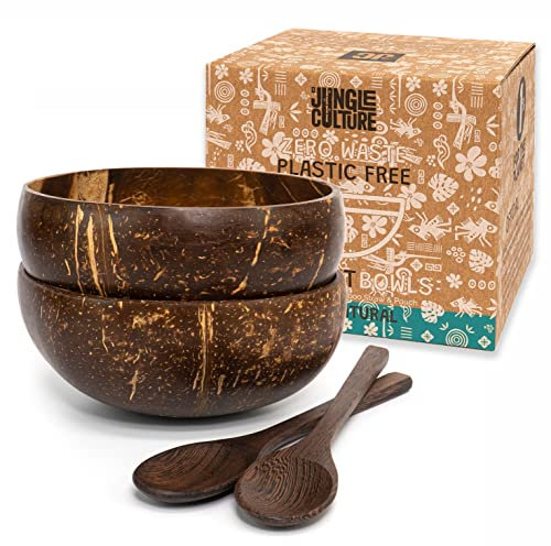 Jungle Culture® Set de 2 Boles de Coco con Cucharas y Pajitas de Bambús + eBook • Tazones de Coco Natural • Cuenco Madera • Açai Bowl Ecológico y Sostenible • Coconut Bowls • Hecho a Mano en Vietnam