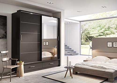 Schwebetürenschrank Kleiderschrank Schiebetürenschrank AR-05 ARTI Garderobenschrank mit Spiegel 2 Schubladen und Beleuchtung (Schwarz Matt)