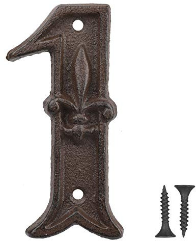 Vandicka Hausnummer aus Gusseisen - Landhausstil, Adressnummernschild, Antikbraun, Rost-Finish mit Fleur de Lis Prägung,11,4x5 cm - Ziffer 1