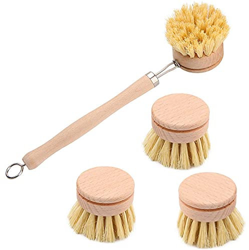 4 Piece Washing Up Brush Dish Brush Set, Wooden Dish Washing Brush Wooden Cleaning Brush, with 3 Replacement Heads, Wood Long Handled Dish Brush, Eco Friendly
