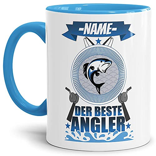 Tasse mit Spruch - Der beste Angler - personalisierbar mit Wunschname - Geschenk für Angler - Keramiktasse Innen & Henkel Hellblau, 300 ml