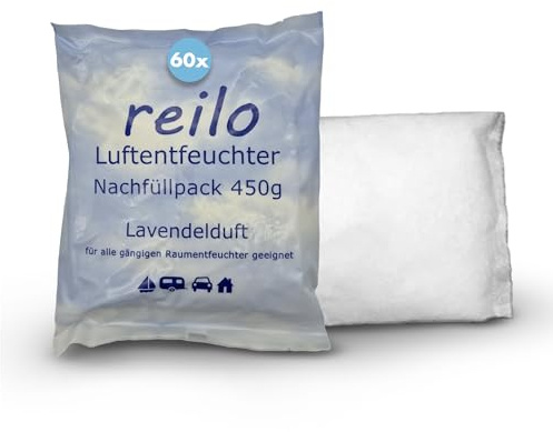 reilo 60x 450g Lavendelduft Luftentfeuchter Granulat, Raumluftentfeuchter im Vliesbeutel, Nachfüllpacks für gängige Entfeuchterboxen, Lufttrockner für Wohnraum, Schlafzimmer, Keller