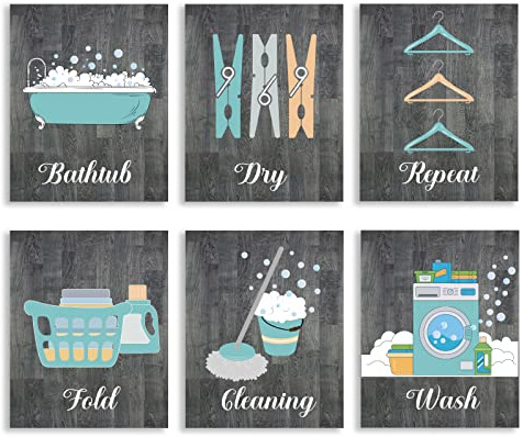 SUPERDANT 6 Hojas Lavandería Baño Arte de la Pared Impresiones Lavandería Pasos Arte de la Pared Lienzo Póster Sin Marco Impresiones de Lienzo para Lavandería Baño 20x25 cm