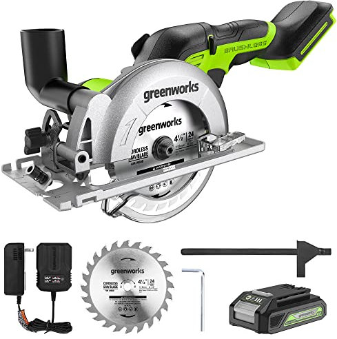 Greenworks Sega circolare manuale da 24 V brushless da 4 – 1/2 (6.500 giri/min), batteria da 2.0 Ah e caricatore inclusi