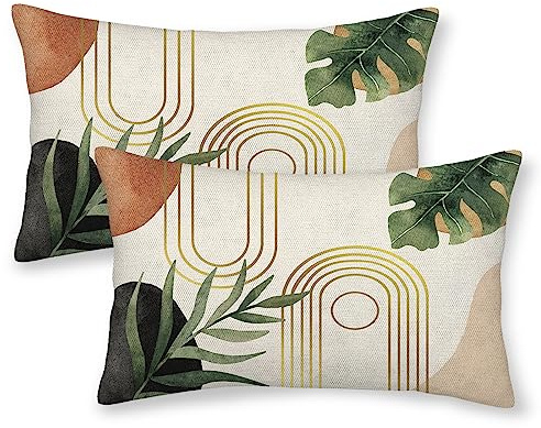 GIOPAMGO Boho Pillow Covers 12x20 Set of 2, Green Leaf Mid Century Farmhouse Decorations Throw Pillow Covers Modern Tropical Bohemian Outdoor Decorative Linen Cushion Case for Couch Sofa Home