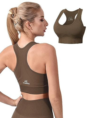 CLDFHX Damen Sport BH Nahtlos mit Polstern Ohne Bügel Flex Racerback Fitness BH Ohne Verschluss zum Yoga Joggen Laufen Pilates, Braun, XL
